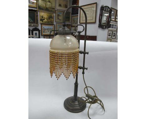 Brass Table Lamp, with beaded tassels to glass shade, 65cm high