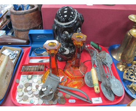 Coinage, one pound banknotes. Amber glass candlesticks, Rotary watch, piggy bank, kitchen ware, continental spoons, etc:- One