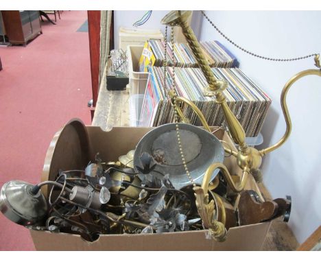A brass three branch chandelier together with a quantity of other brass ware including candlesticks, teapots, fire companion 