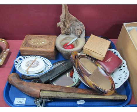 Cut Throat Razor, wall pistol hand mirror, pottery dishes 1973 St Helena coin, etc:- One Box