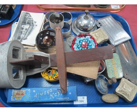 A collective of items to include a Underwood Stereoscope, Always Happy Harmonica, Glass Paperweights, Windsor Cigarette Case 