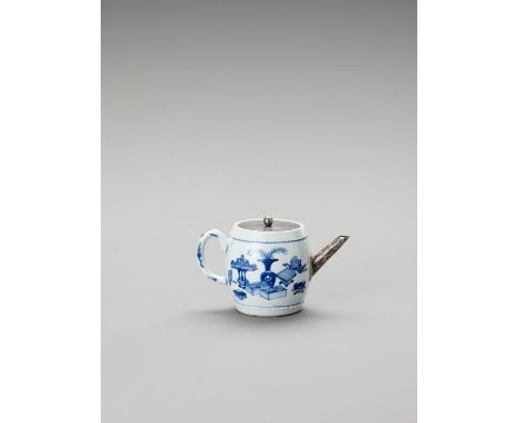   A SILVER-MOUNTED BLUE AND WHITE PORCELAIN TEAPOT  China, Kangxi period (1662-1722). The barrel-shaped pot with slender hand