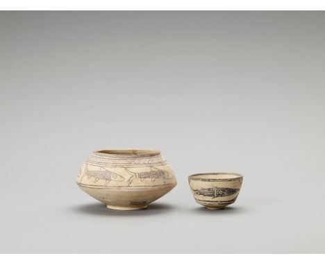   TWO NAL WARE CERAMIC VESSELS WITH FISH  Indus Valley, Pakistan, Nal culture (around 3100-2700 BCE). This lot consists of a 