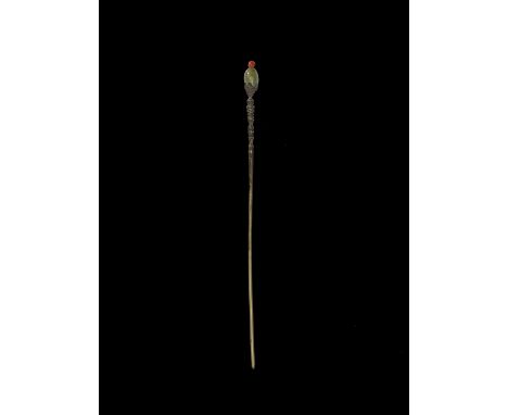   A CHAM SILVER HAIRPIN WITH JADE AND CORAL BEADS  Champa, 18th century. The long and thin hairpin in the Vietnamese style ma