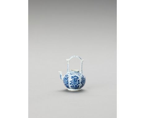   A MINIATURE BLUE AND WHITE PORCELAIN TEAPOT  China, Kangxi period (1662-1722). Of globular form and with high-gate handle a