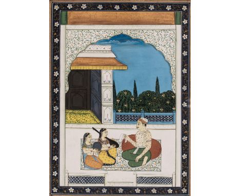   AN INDIAN MINIATURE PAINTING - 19th CENTURY  India, 19th century. Depicting presumably a Raja sitting on a pillow in front 