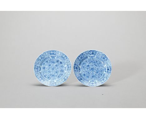   A PAIR OF ‘FLORAL SCROLL’ BLUE AND WHITE PORCELAIN DISHES  China, Kangxi period (1662-1722). Both dishes decorated in under