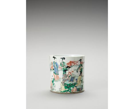   A LARGE FIGURATIVE FAMILLE VERTE BRUSHPOT  China, 19th century. Of cylindrical form rising from a flat unglazed base, finel