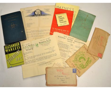Collection of fishing ephemera from the late 1930's/40's early 1950's  - to incl 7x J.J.S Walker Bampton receipts and corresp