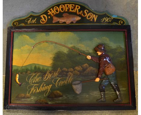 D Hooper &amp; Son Fishing Tackle Makers Advertising Wooden Decorative Display sign -  title The Best Fishing Tackle - with a