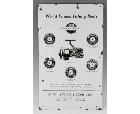 J.W Young &amp; Sons Ltd enamel advertising fishing reel display sign - featuring the makers circular reel disc names include