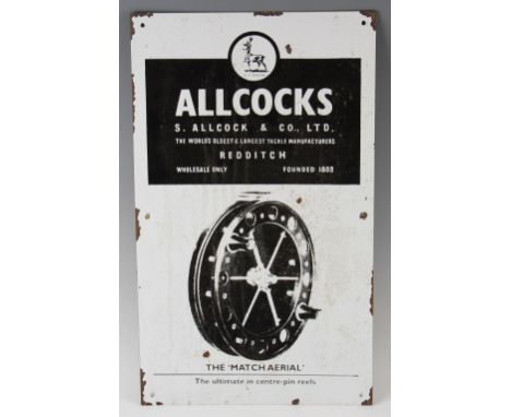 S Allcock &amp; Co Ltd enamel advertising fishing reel display sign -featuring "The Match Aerial-the ultimate in centre pin r
