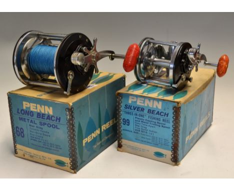 2x Vintage Penn Saltwater Fishing Reels - Penn Long Beach 68 and Silver Beach 99 both with steel spools, Torpedo counter bala