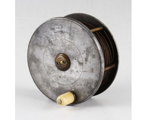 Scarce and early Hardy The Field large alloy wide drum salmon fly reel c.1900 :  4.5" dia,  brass pillar cage c/w smooth bras