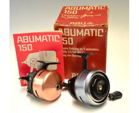 2x Abu closed face match spinning reels - Abu-Matic 150 c/w manual, small spanner/screwdriver and spare spool - appears unuse