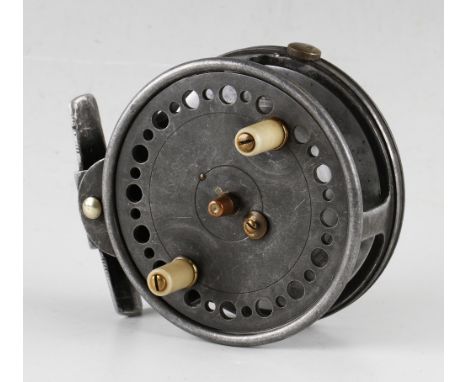 Scarce and early  J.J.S Walker Bampton Alnwick Patent "Wallace Watson" 4" alloy salmon reel - with alloy hinged foot drum bra