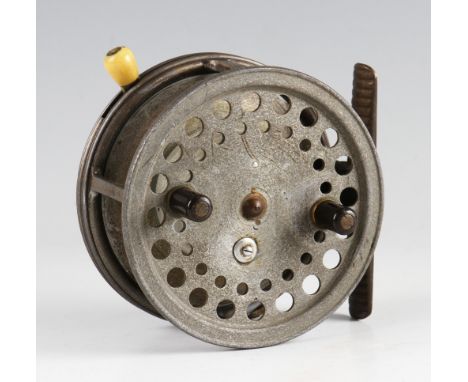 Hardy The Super Silex Salmon Reel:  4.25" diameter wide drum alloy casting reel, twin black handles, button release, red agat