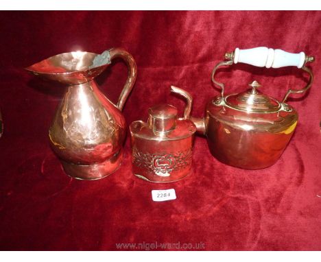 A vintage copper Tea Caddy by Henry Loveridge, copper jug with handle and neck repairs marked WRIV 1835 and a copper Kettle w