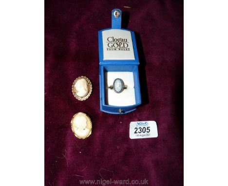 Two cameo Brooches, one marked C152 and the other RG - together with a hallmarked silver cameo ring a/f.