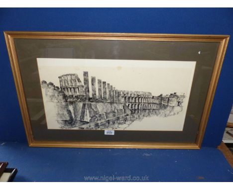 A large futuristic woodblock print, indistinctly signed/dated.