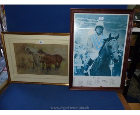 A framed and mounted coloured charcoal drawing of horses along with a framed print of Lester Piggott.