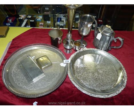 A quantity of Epns including serving trays, goblet, teapot, cigarette case, etc. together with a pewter flask by 'DH and SH E