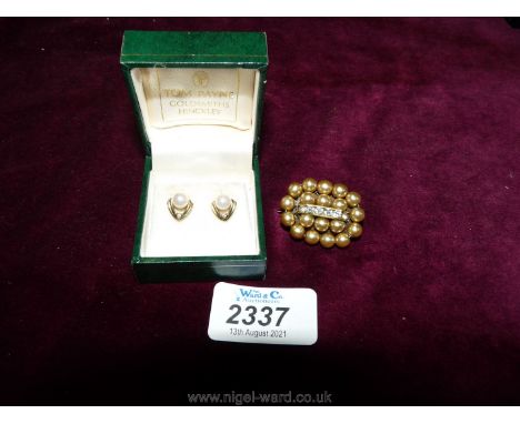 A pair of 9ct gold ear-rings with pearl and tiny diamonds, together with a costume brooch.