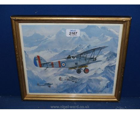A small framed Michael Turner Print of Hawker Harts flying over snow covered mountains.