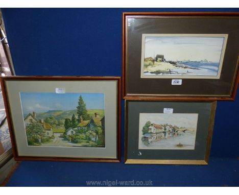 A Watercolour of a river scene by D. Drury, a framed unsigned Watercolour of a seascape and a Max Hofler print of a village s
