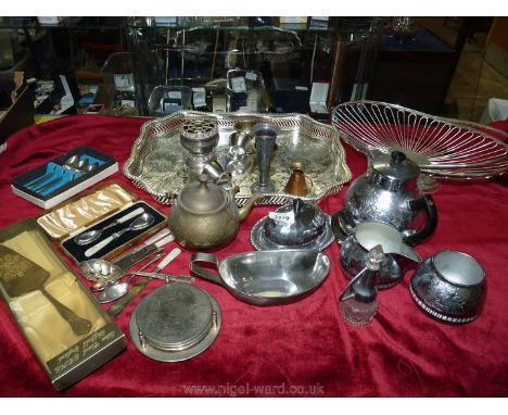 A quantity of plate including trays, coasters, christening spoon set, butter knives with Mother of pearl handles etc.