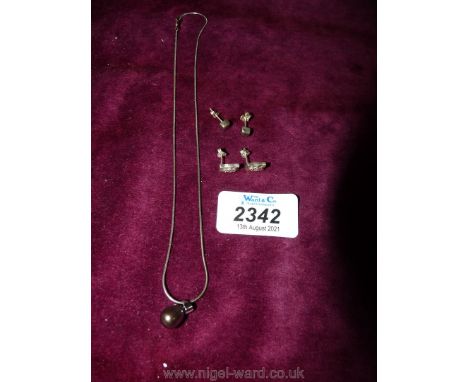 A silver necklace with black pearl style pendant, 925 stud ear-rings etc.