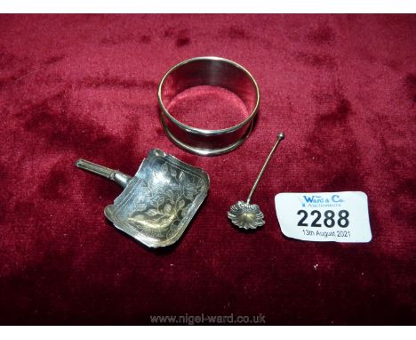 A silver napkin ring, Birmingham 1924, mark rubbed, plus Victorian silver caddy spoon, maker George Unite and a silver salt s