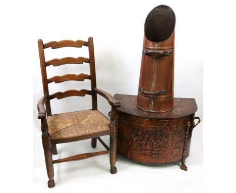 A child reproduction oak ladder back elbow chair with rush seat, oxidised demi lune coal box embossed with a hunt meet and a 