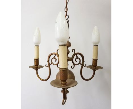 A Dutch pattern brass three light chandelier, 41cm high.
