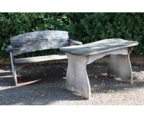 A teak rustic garden bench and table, 123cm wide &amp; 121cm wide respectively (2).