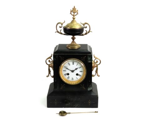 Parrot Freres; a French black and verde antico marble gilt metal mounted mantel clock, late 19th century, the rectangular cas