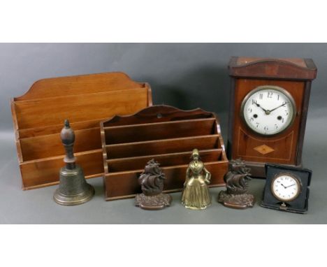 An Edwardian mahogany boxwood strung mantel clock, the twin train movement striking on a gong, 32cm high, 8 day leather cased