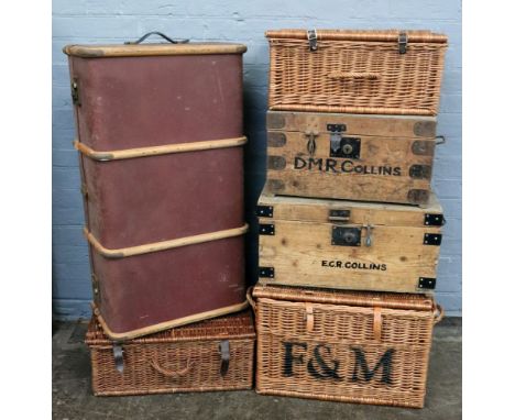 Three vintage Fortnum &amp; Mason graduated wicker hampers, two wooden tuck boxes, large vintage leather suitcase and a batte