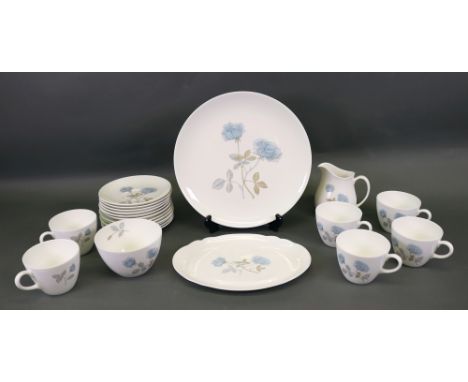 A Wedgwood Ice Rose 22 piece tea service, pair of cylindrical blue and gilt vases and other decorative ceramics (qty).