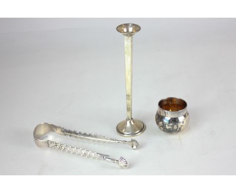 A Cartier sterling silver specimen vase, square tapered stem and circular base, 13.5cm high, a pair of 19th century silver su
