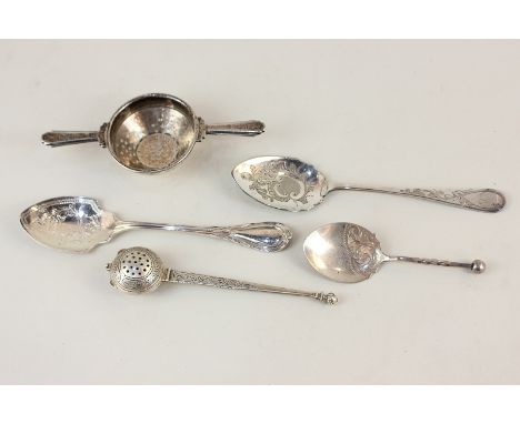 An Edward VIII silver tea strainer, maker Aaron Lufkin Dennison, Birmingham 1936, together with two silver caddy spoons, a wh