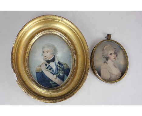 A 19th century oval miniature portrait of Nelson, colour engraving by D Orme, 11cm by 8.5cm, and an oval miniature portrait o