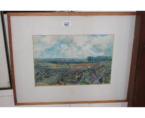 Oliver Horsley Gotch (20th century), view across a field and track towards a gate, watercolour, monogrammed and dated 1961, w