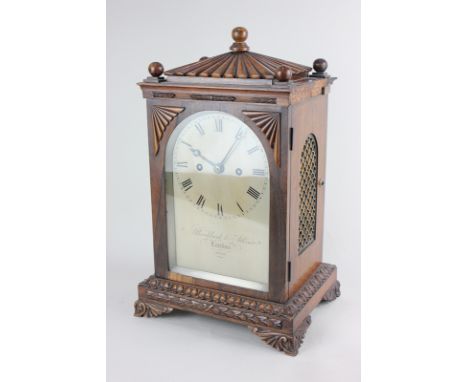 A Brockbank & Atkins London rosewood cased mantel clock, numbered 2022, the silvered dial with Roman numerals, 44cm high, (a/