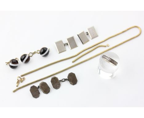 A Georg Jensen silver ring numbered 228, two pairs of silver cufflinks, three agate buttons, and a necklace