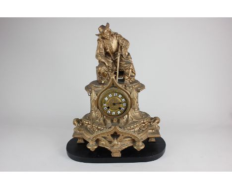 A 19th century gilt spelter figural mantel clock mounted with a cavalier, the gilt dial with enamel Roman numerals, the movem