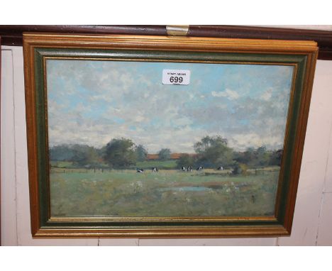 R D Bailey RCA, view across a field, with grazing cows, 'Behind the Castle, Kenilworth', oil on board, monogrammed, paper lab