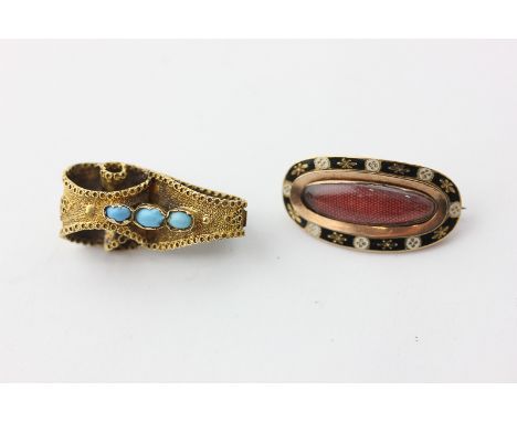 A George III gold and enamel mourning ring, and a 19th century gold and turquoise brooch (altered)