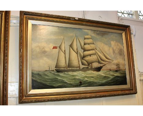 19th century school, British clipper on choppy waters with navigation flag, distant coastline, indistinctly inscribed 'Owen T