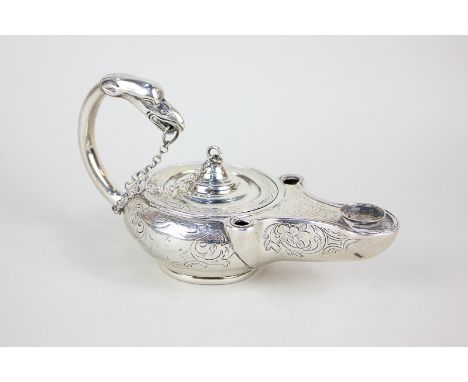 A Victorian silver Aladdin's lamp table lighter with bird head terminal, engraved decoration, maker John Wilmin Figg, London 